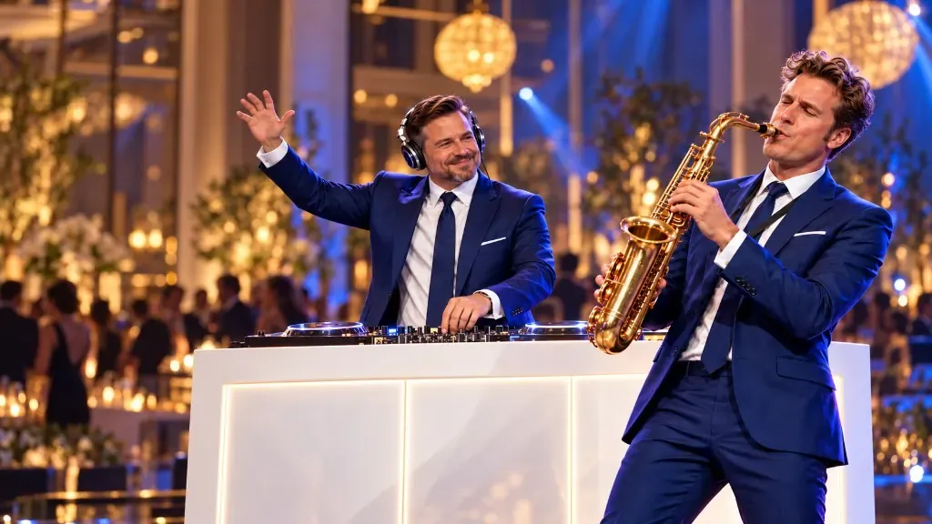 DJ en saxofonist achter een witte booth