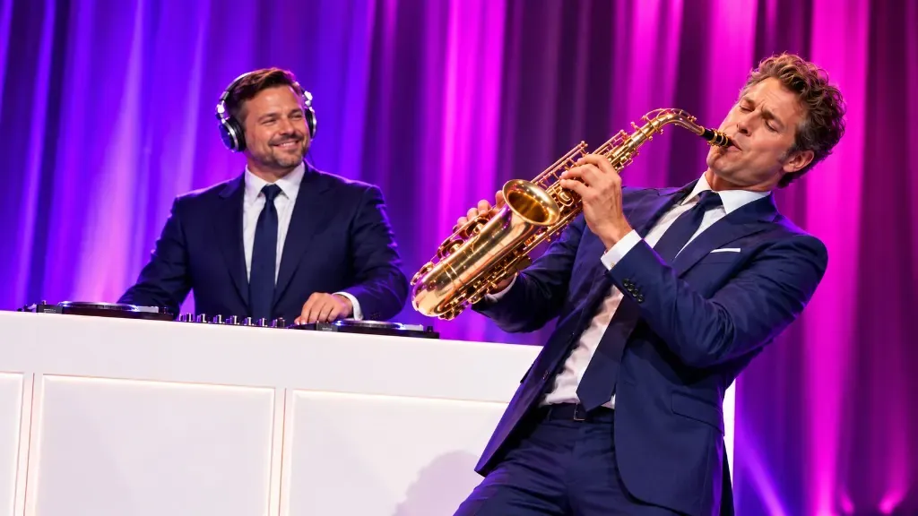 DJ en saxofonist op een stijlvol verlicht podium