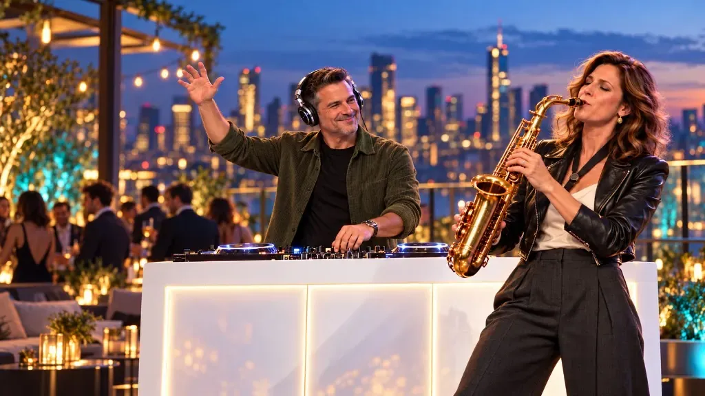 DJ en saxofoniste op een feestlocatie