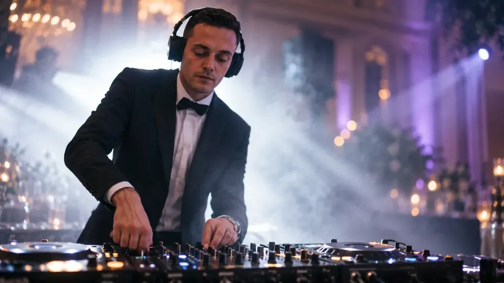 DJ in smoking achter de professionele mixer